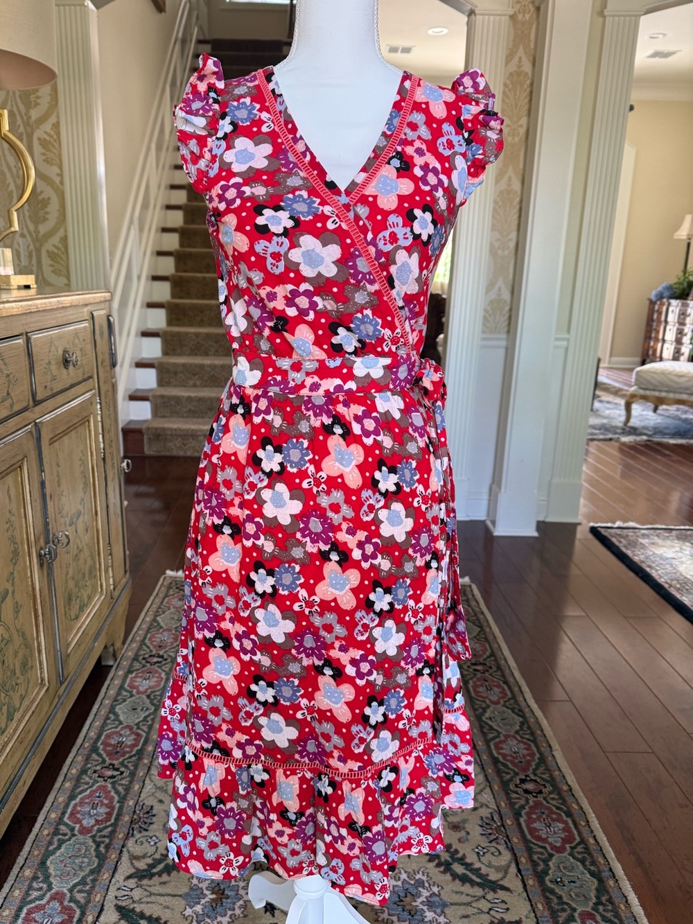 Jade Pink and Red Floral Wrap Midi Dress